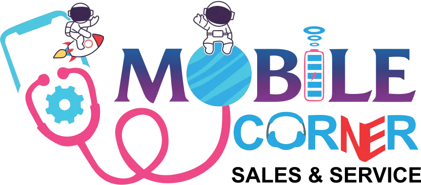 Mobile Corner logo with astronauts, rocket, planet, gear icon, and a battery symbol in tech style