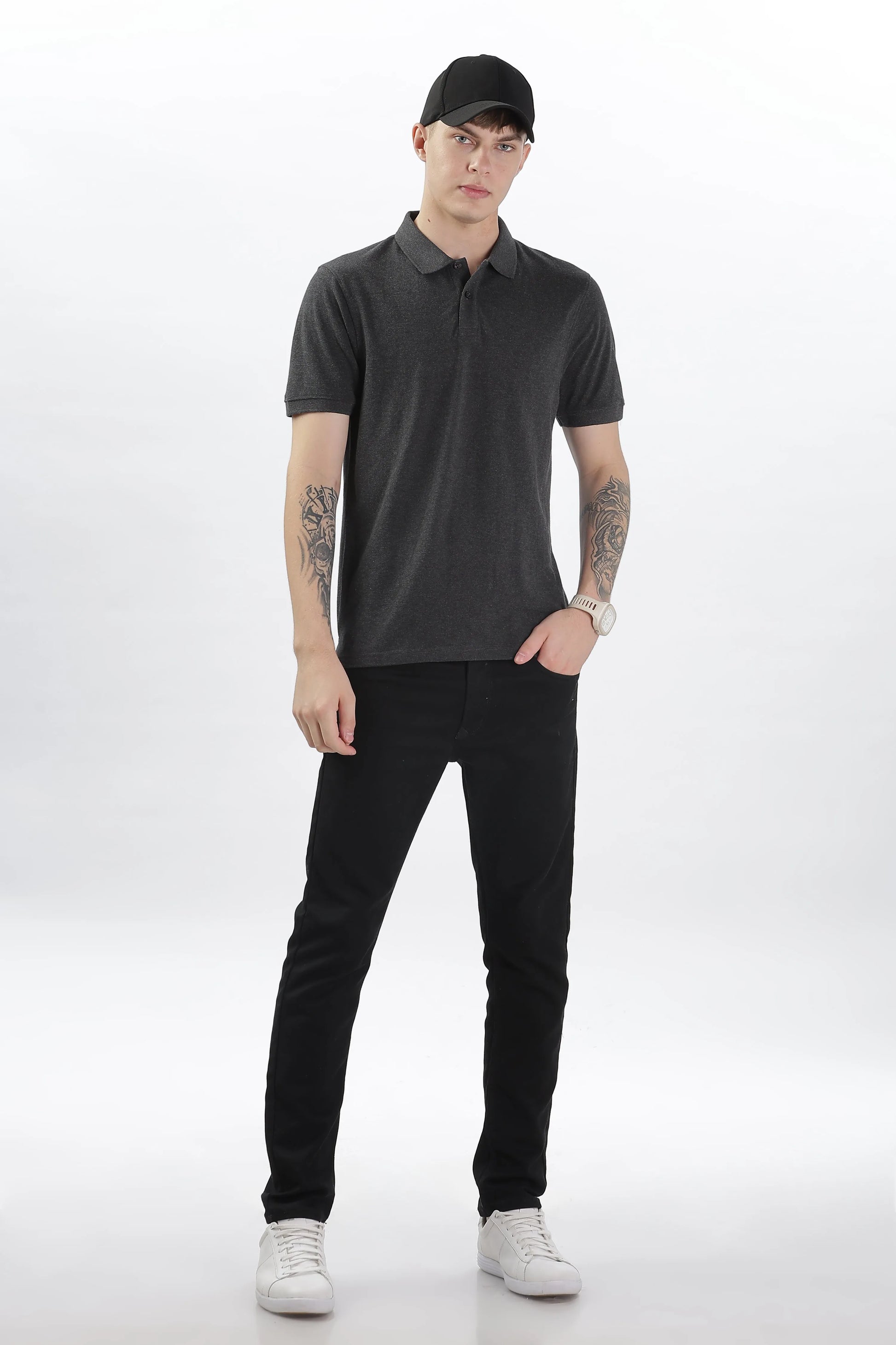 Men’s Soft Cotton Polo T-Shirt (Feathery Series) - Charcoal Grey Melange | PallyWear