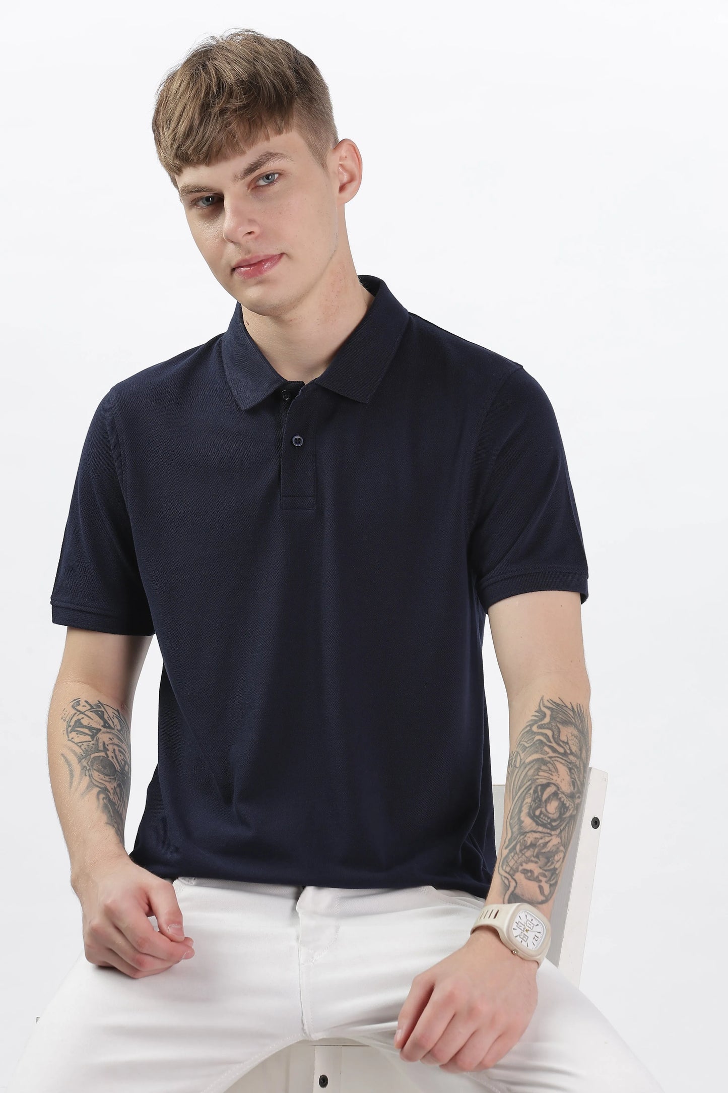 Men’s Soft Cotton Polo T-Shirt (Feathery Series) - Navy Blue | PallyWear